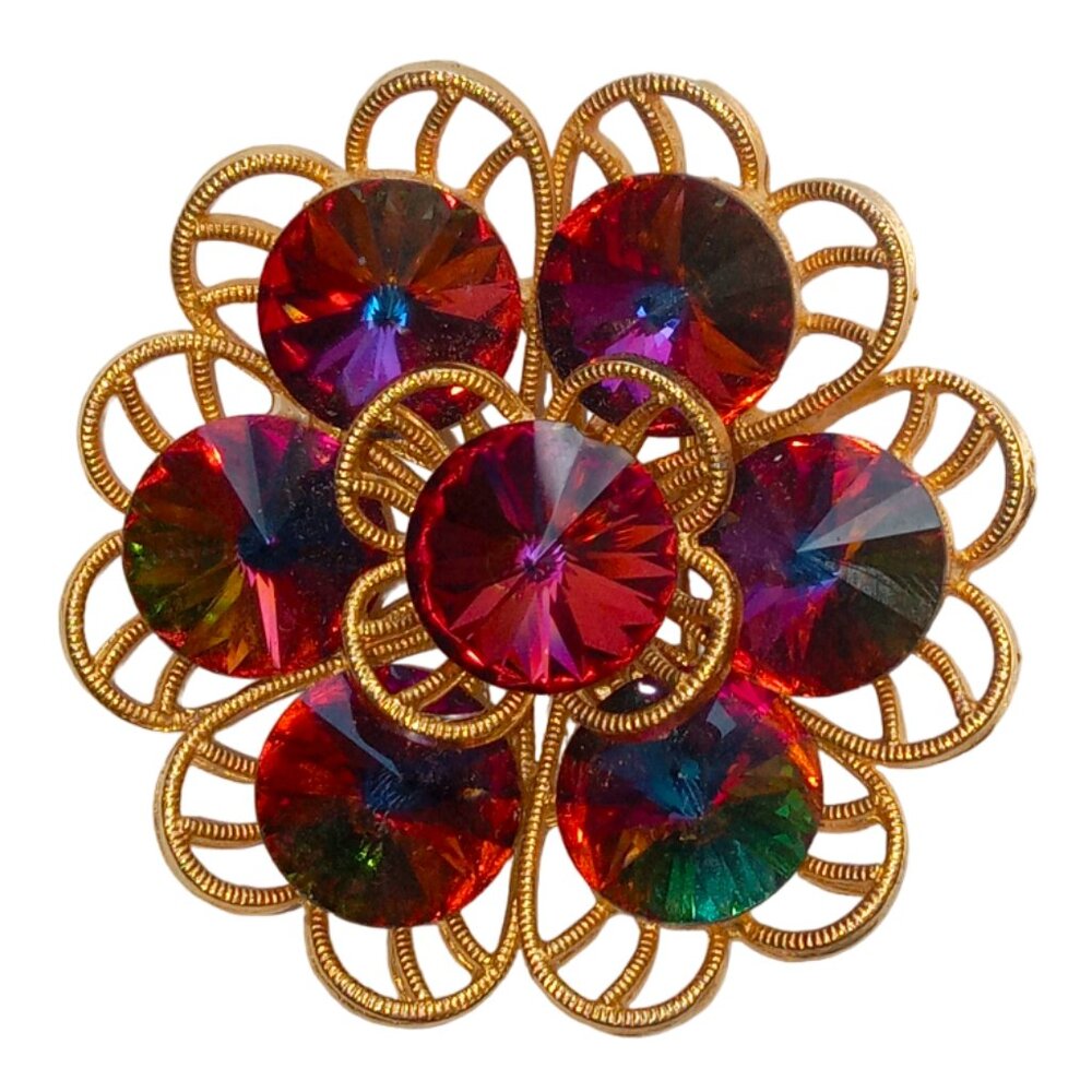 Vintage Watermelon Rivoli Flower Pin Brooch - Picture 5 of 7